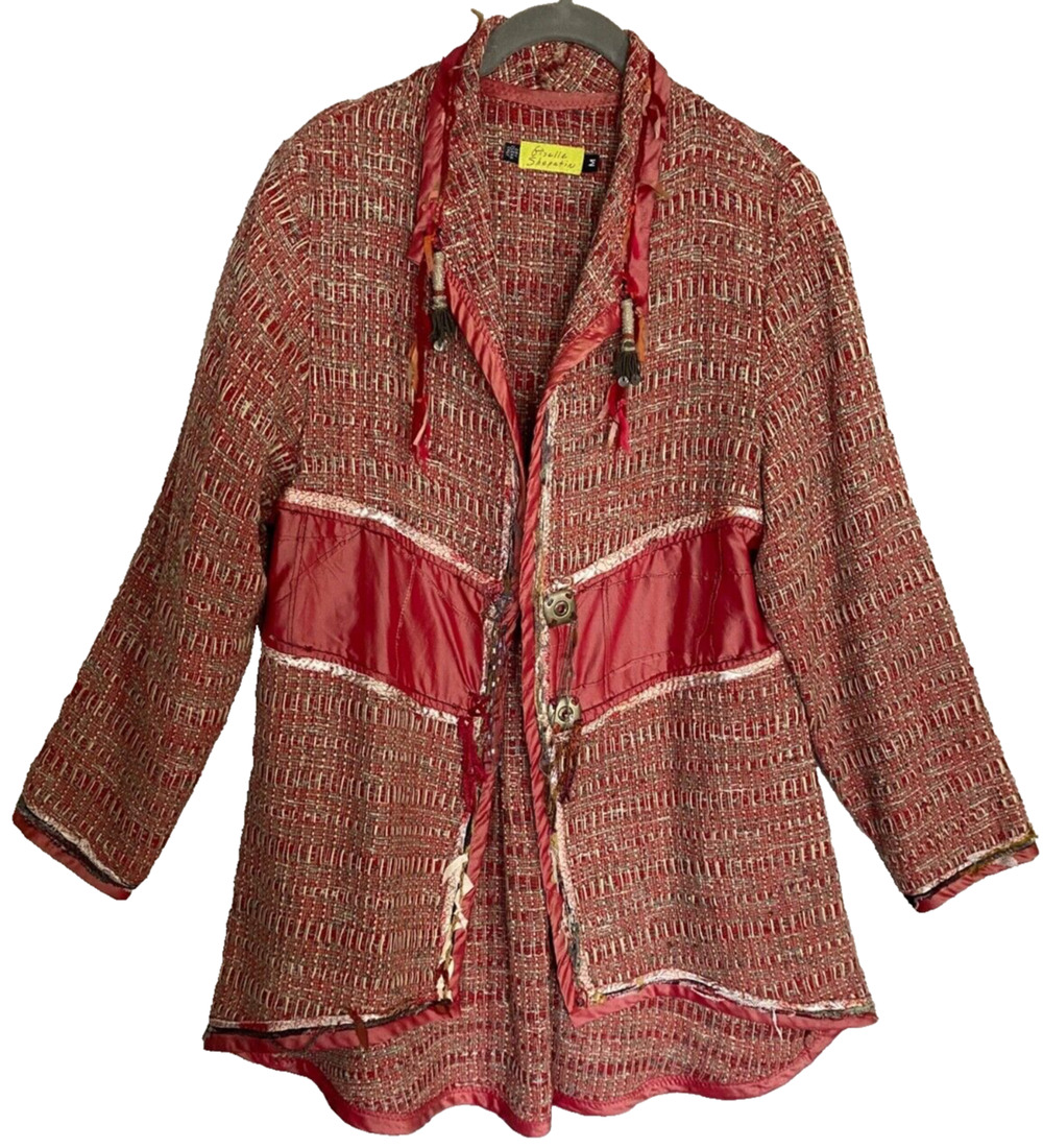 GISELLE SHEPATIN Rare Handwoven Silk Jacket Red Boho Embellished Artful Home M
